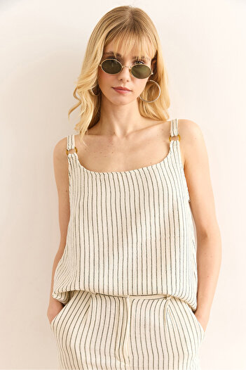 Olalook Women's Khaki Ring Accessory Striped Muslin Bell Blouse Blz-19002958