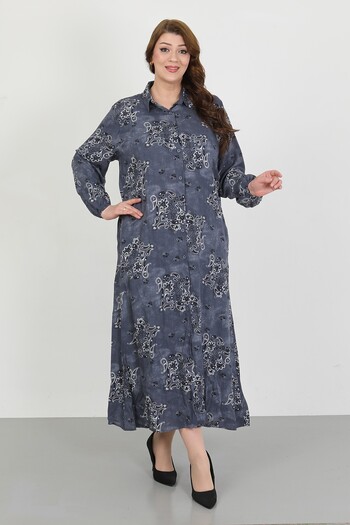 By Alba Collection Women's Gray Patterned Cotton Viscose Large Size Dress