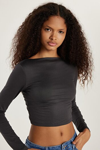 Tudors Women's Slim Fit Slim Fit Crew Neck Back Detailed Anthracite Blouse