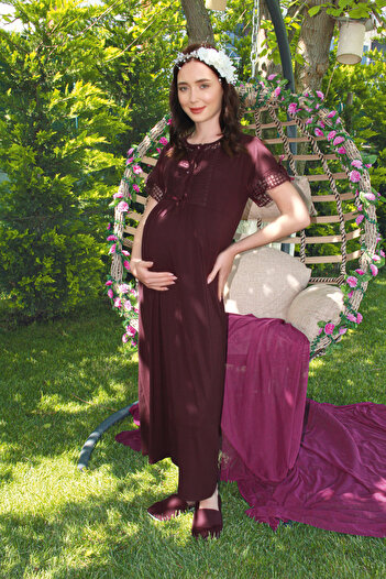 JENİKA Women's Pregnant Lace Collar Detail Openable Buttoned 2-Piece Dressing Gown Set