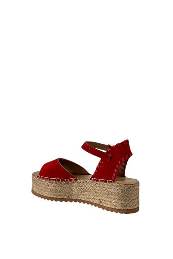 Saracshoes Gerçek Deri Süet Kırmızı Kadın Espadril Wicker