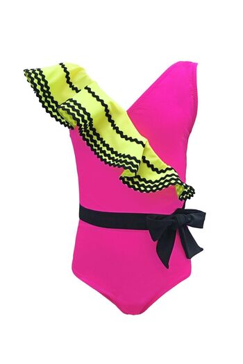 LOOK ME Nessi Byrd 50Uv Pink Swimsuit for Girls - Sling, Cross Flywheel, Water Stone Detail and Belt