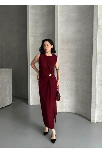 Moda Palmiss Kadın Bordo Taş Detaylı Yırtmaçlı Şık Midi Linda Elbise