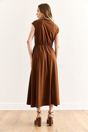 Olalook Women's Brown Elastic Waist Bat Combed Cotton Dress Elb-19001509