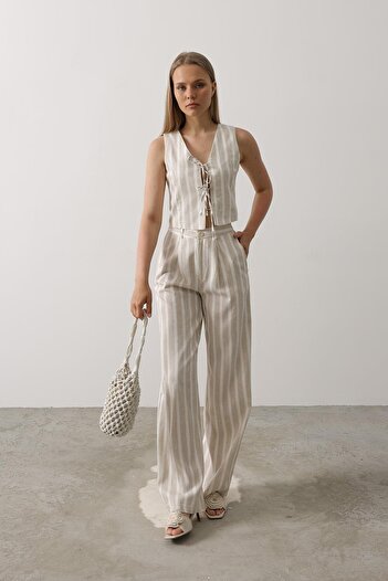 Le Savu Shilsee Women's Striped Vest Pants Suit-Piece Stone Color