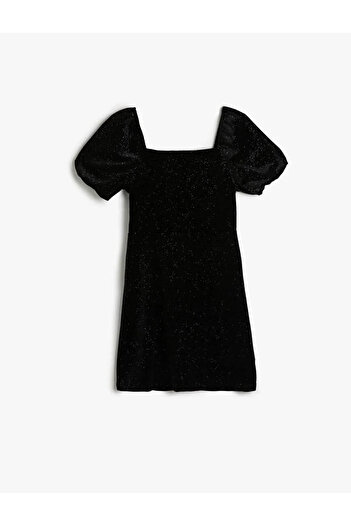 Koton Schwarzes Mädchenkleid mit glitzernden Ballonärmeln 5wkg80006ak