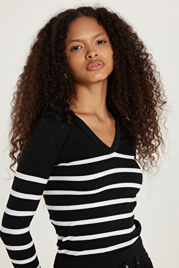 Tudors Women's Slim Fit Slim Fit V-Neck Striped Blouse