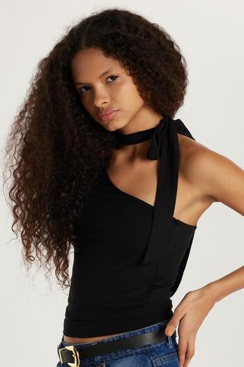 Tudors Women's Standard Fit Ribbed Single Sleeve Asymmetric Collar Black Blouse
