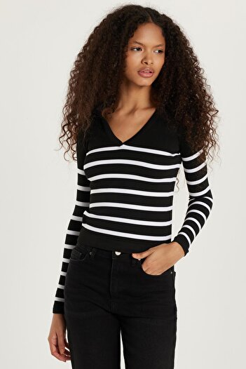 Tudors Women's Slim Fit Slim Fit V-Neck Striped Blouse
