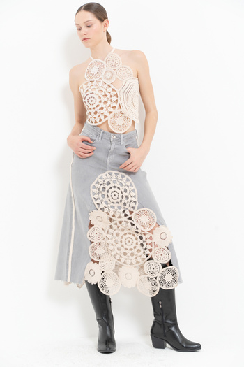 Kikiriki Gray Guipure Detailed Denim Skirt