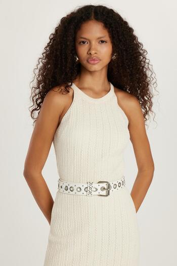 Tudors Women's Slim Fit Slim Fit Knitted Pattern Crew Neck Ecru Dress