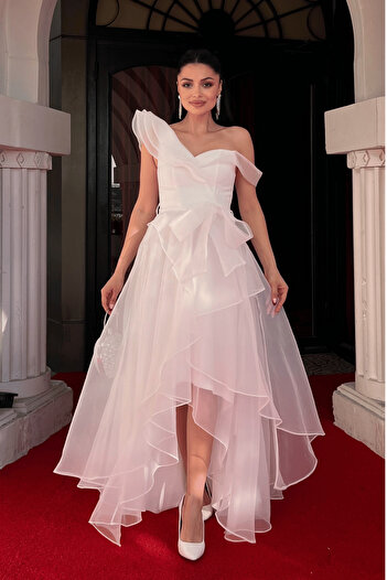 giyimmasalı Βραδινό Φόρεμα Organza Fabric Layer - ΛΕΥΚΟ