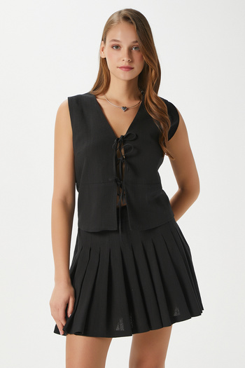 Ritnice Women's Zera Linen Cotton Black Vest Waist Elastic Skirt Bottom Top Set