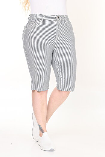 Era Lisa Striped Large Size Comfortable Fit Bermuda Shorts (Seamless Legs)