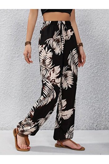 Edolika Women's High Waist Lace up Leaf Patterned Single Jersey Trousers