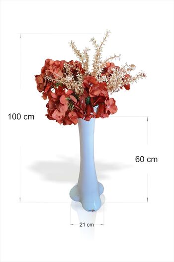 M3DECORİUM Eşsiz Hediyelik Uzun 60 cm Beyaz Vazolu Altın Yapraklı Turuncu Çiçekli Karışık Aranjman Buket Demet
