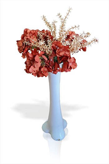M3DECORİUM Eşsiz Hediyelik Uzun 60 cm Beyaz Vazolu Altın Yapraklı Turuncu Çiçekli Karışık Aranjman Buket Demet