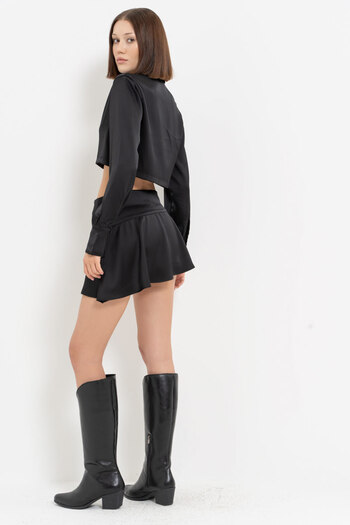 Kikiriki Black Buttoned Crop Satin Shirt & Skirt Set