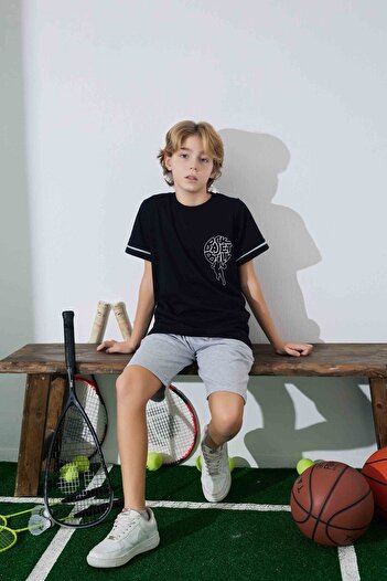 Tarık Male Child Sportswear Basket T-Shirt Sweatshirt Bottom Crew Neck Medium Thick Pajamas Set-3946