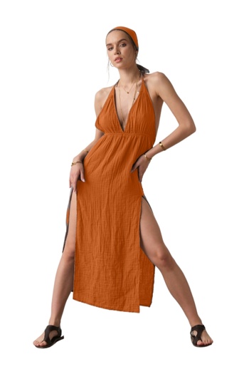 clavia Strappy Muslin Dress, Summer Bohemian Dress, Halter Neck Mesh Detail Slit Dress Tile