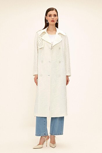 Olcay Zippered Cape with Stone Detail on Sides Lined Glitter Jacquard Trench Coat Ecru 6725