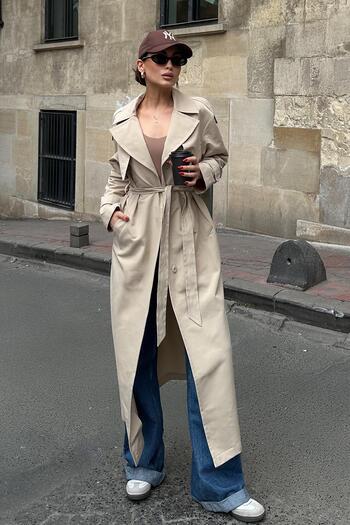 Olcay Unlined Oversize Trench Coat with Cape and Epaulettes Bej 6696
