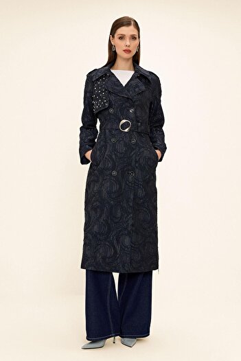 Olcay Zippered Cape with Stone Detail on the Sides Lined Glitter Jacquard Trench Coat Dark Blue 6725