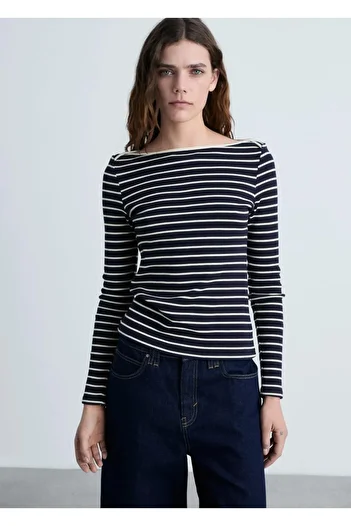 MANGO Woman Striped boat neck T-shirt