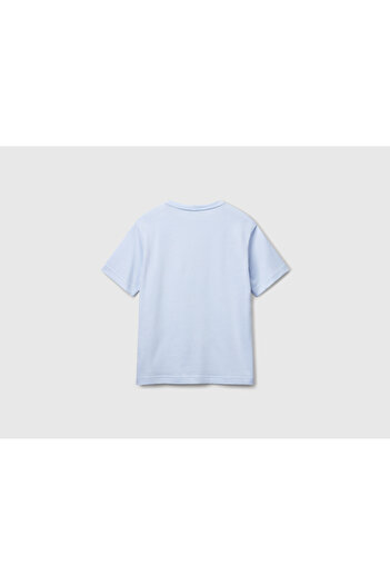 United Colors of Benetton Men's Light Blue 100% Cotton Chest Patch Logo Embroidered Crew Neck T-Shirt