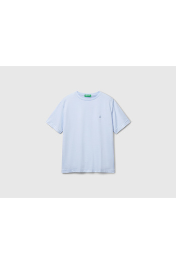 United Colors of Benetton Men's Light Blue 100% Cotton Chest Patch Logo Embroidered Crew Neck T-Shirt