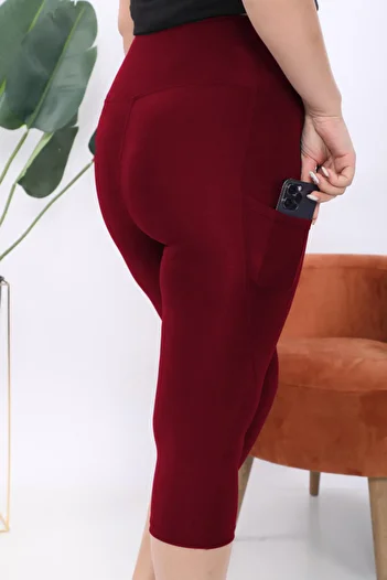 BANEGA Curve Women's Plus Size Burgundy High Waist Gathering Double Pocket Below Knee Capri Leggings Capri