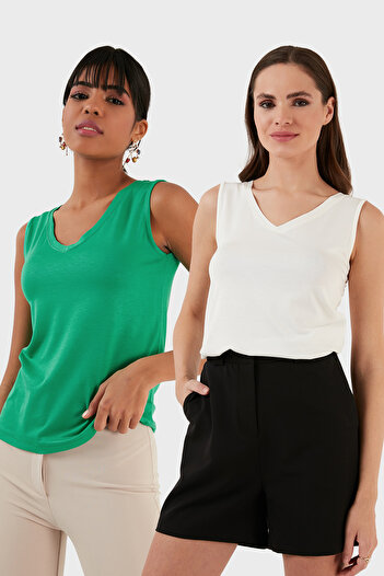 Lela Slim Fit V-Neck Thick Strap 2'Li Package Blouse Bluz 5864384S2