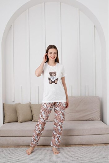 Huq Moda Women's Teddy Bear Printed Short Sleeve Bottom Long Combed Cotton Fabric Summer Pajama Set