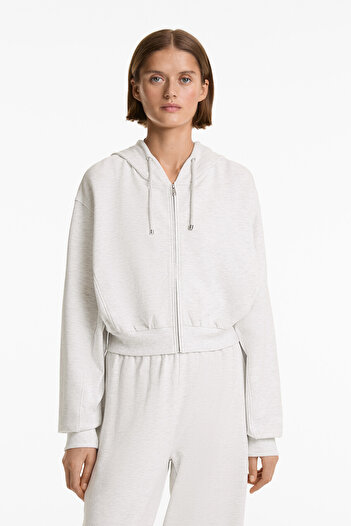 Oysho Rib detail crop hooded jacket with cotton and modal