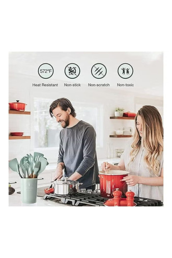 COOYA 11-piece cooking utensil set, silicone, easy to clean, with storage cup, for kitchen, green