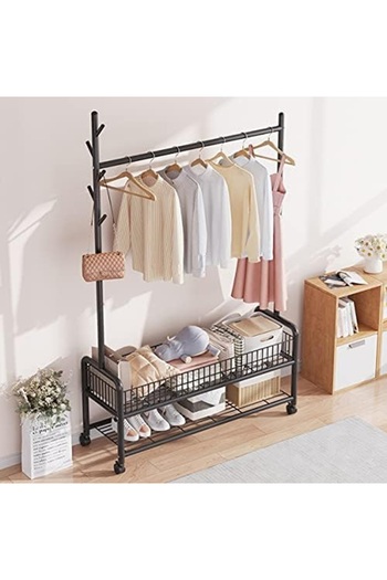rexa Clothes Rack With 2 Tier Storage Shelf, 3-In-1 Design, 4 Wheels Garment Organizer for Indoor Bedroom