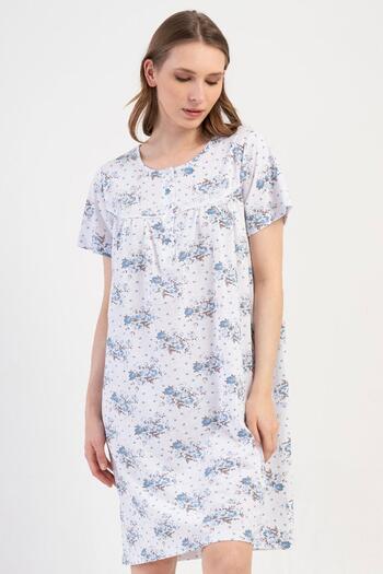 VİENETTA Women's Large Size Short Sleeve Blue Nightgown 100% Cotton C4T8N7O161