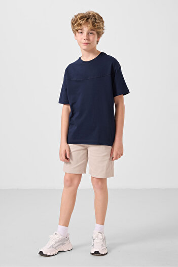 TOMMY LIFE Navy Blue-Stone Cotton Oversize Fit Woven Lightweight Flexible Chino Boy's Shorts Suit - 11279