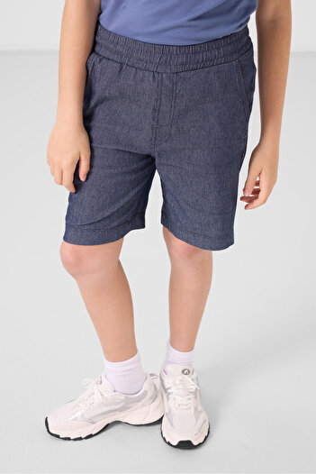 TOMMY LIFE Dark Blue-Denim Navy Blue Cotton Oversize Fit Woven Light Stretch Chino Boy's Shorts Suit - 11279