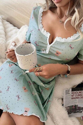 BELLA NOTTE Green Teddy Bear and Bow Patterned Pajama Nightgown