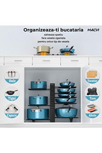 MACVI Suport reglabil 9 tigai si oale Macvi® metalic, 8 separatoare, utilizare verticala/orizontala, negru