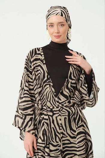 Bordomix 7165 Women's Black Striped Patterned Belted Long Pareo - Beach Dress