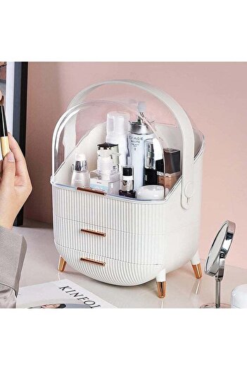 Lumely Makeup Storage Organizer,3 Layers of Large Capacity,Clear Acrylic Lid,Handle,Non-slip Feet,White
