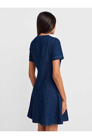 Dilvin 90558 rochie din denim cu mânecă scurtă cu decolteu în V-albastru