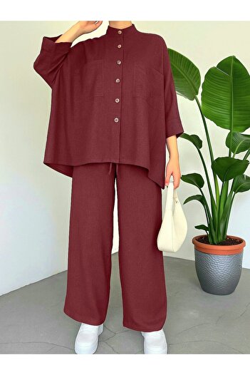 Modamorfo Double Pocket Half Bat Sleeve Loose Shirt Set - Burgundy