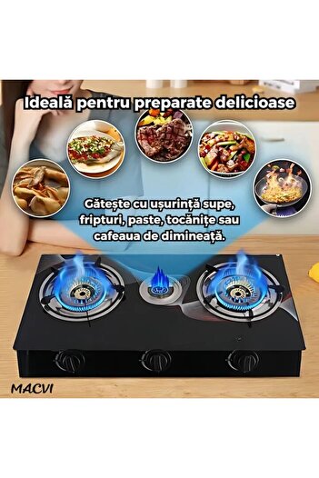 MACVI Aragaz Portabil Macvi® GPL cu 3 Arzatoare, Sticla Securizata, Aprindere Quartz, Compact, sigura