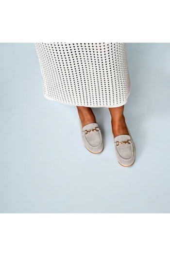 NE&VE SHOES Gray Suede Genuine Leather Women's Loafer Shoes with Chain