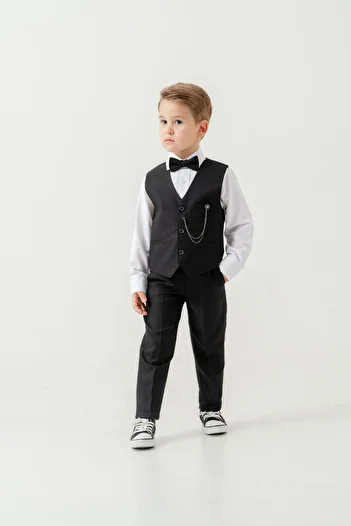 Pina Kids Boys Slim Fit Suit with Vest – 4 Pieces (Vest, Pants, Shirt, Bowtie) Te.7026