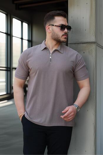 Valiberta Lycra Knitted Half Zipper Polo Neck Men's T-Shirt - Brown