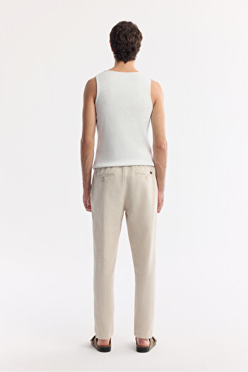 Avva Erkek Bej Beli Bağcıklı Keten Karışımlı Relaxed Fit Chino Pantolon B003036